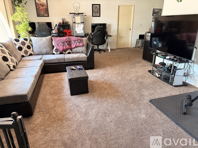 A living room with a couch, a chair, a television, and a plant.