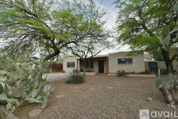 A house with a gravel driveway and a cactus in the foreground.