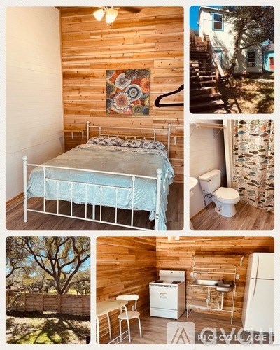 A collage of images showing a bedroom with a bed, toilet, washing machine, and a tree outside.