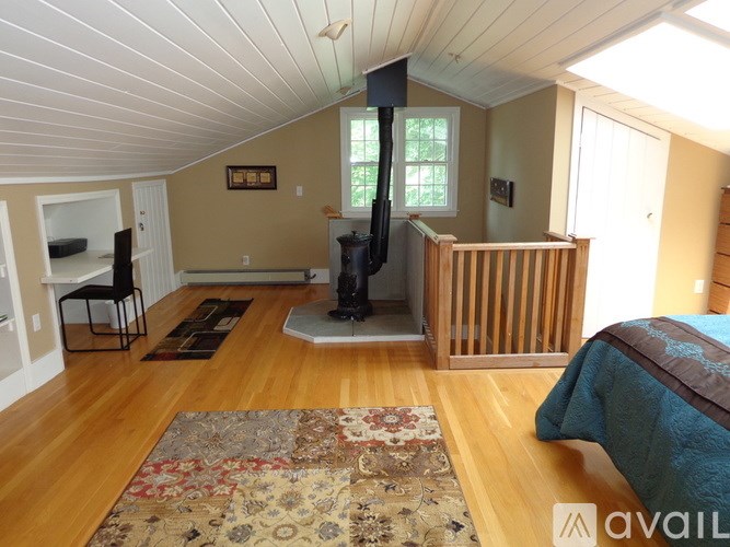 A room with a wood floor and a rug in the middle.