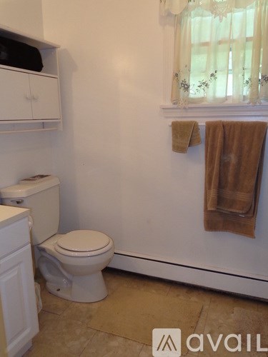 A white toilet sits next to a white cabinet in a bathroom.