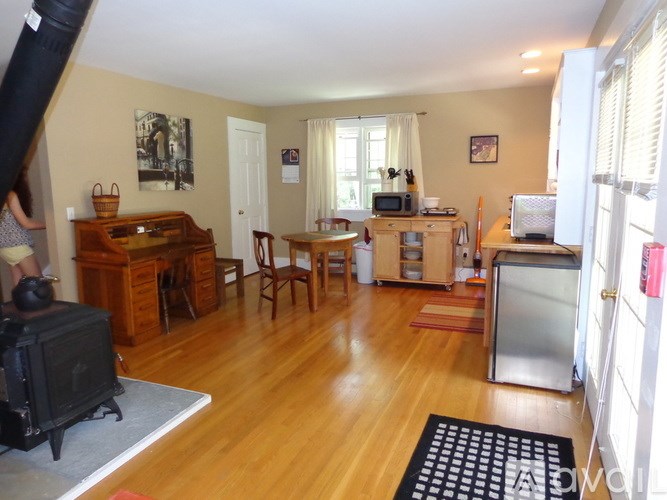 A woman is standing in a living room with a television, a wooden desk, a chair, a refrigerator, and a window.