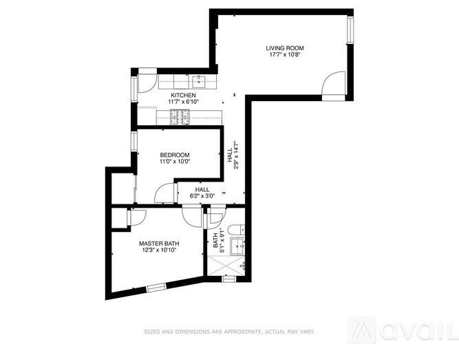 A floor plan of a house with a living room, kitchen, bedroom, hall, and master bath.