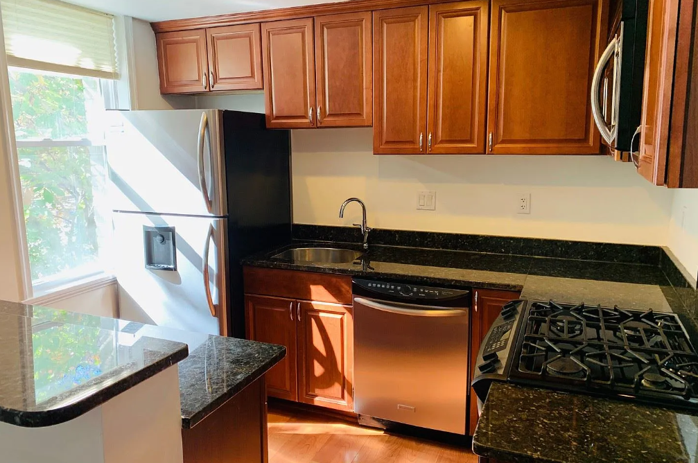 A kitchen with a black refrigerator, stainless steel dishwasher, and black stove top.