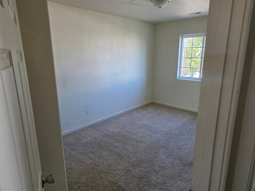 A room with a carpeted floor and a window.