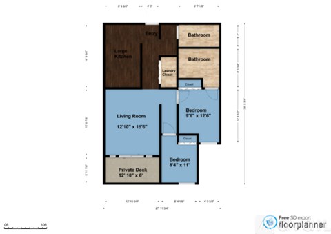 A floor plan of a house with a living room, two bedrooms, a private deck, a large kitchen, and two bathrooms.