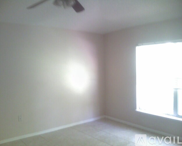 A room with a ceiling fan and a window letting in sunlight.
