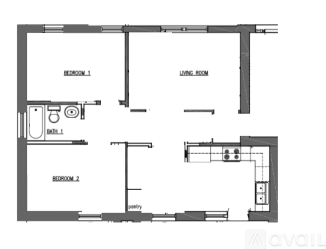 A floor plan of a small apartment with two bedrooms and a living room.