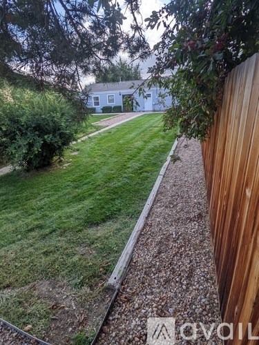 A backyard with a wooden fence and a gravel path leading to a house.