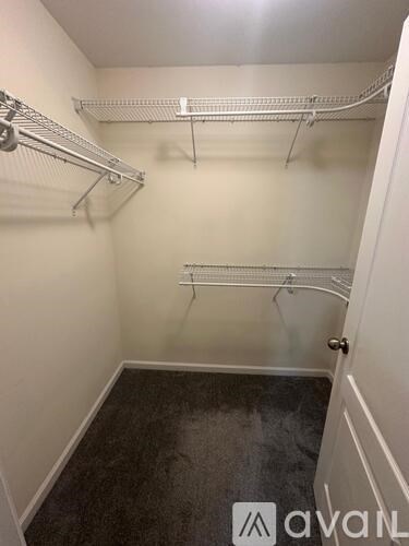 A room with a carpeted floor, a door, a window with blinds, and a ceiling light.