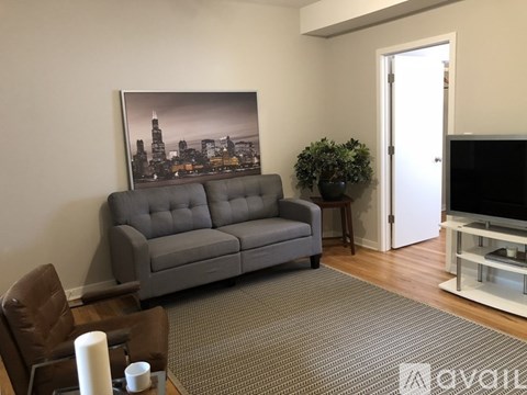A grey sofa sits in a living room with a cityscape picture behind it.