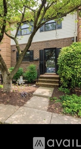 A tree is in front of a building with a black door.
