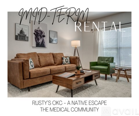 A living room with a brown couch and a green chair is available for rent.