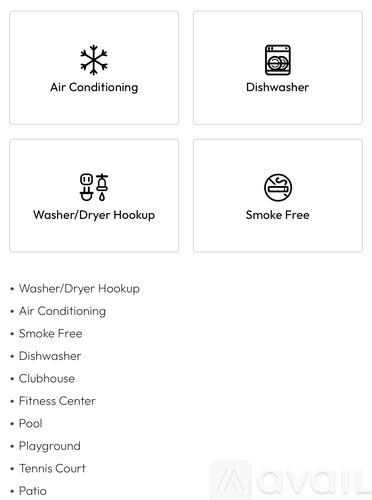 A list of amenities including air conditioning, dishwasher, and smoke free.