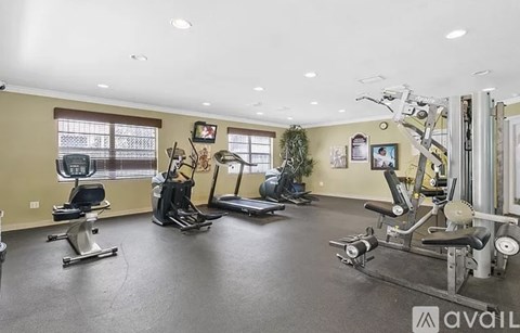 A well-equipped gym with various exercise machines and a large mirror on the wall.