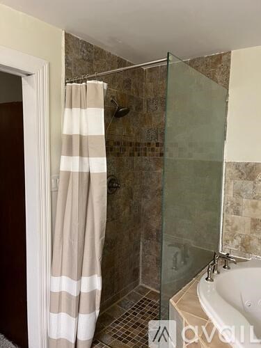 A bathroom with a shower curtain and a bathtub.