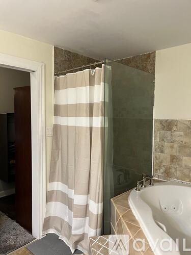 A bathroom with a shower curtain and a bathtub.