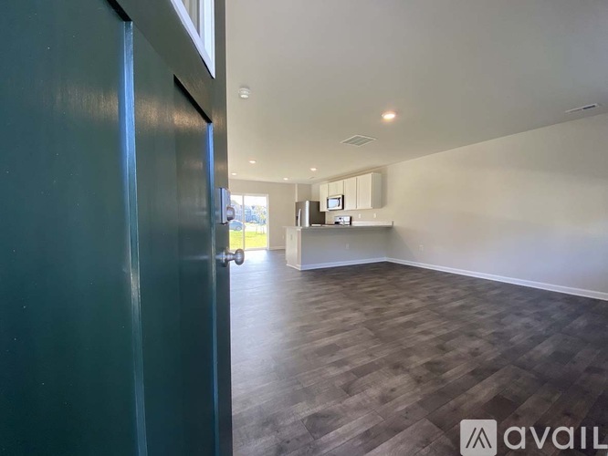 A room with a wooden floor and a green door leading to another room.