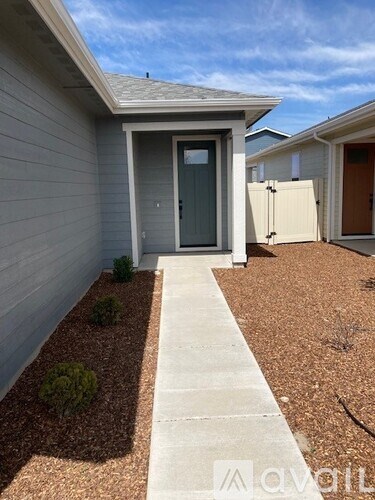 A grey house with a grey door and a concrete path leading to it.