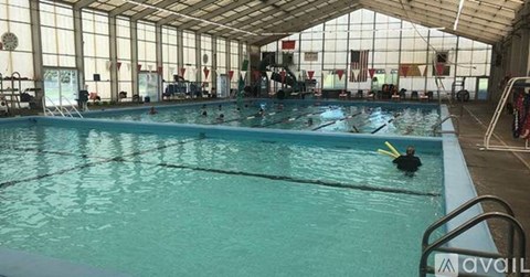 Swimmers in a large indoor pool with flags hanging on the wall.
