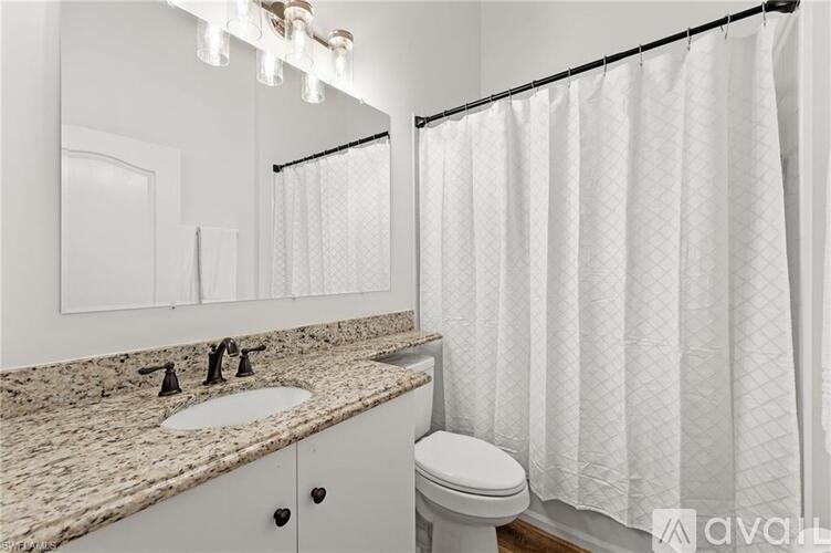 A bathroom with a sink, toilet, and shower curtain.
