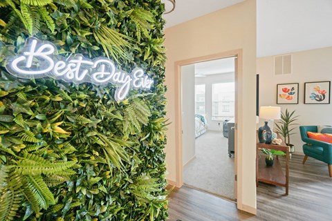 A Best Day Ever sign is on a wall of ferns.