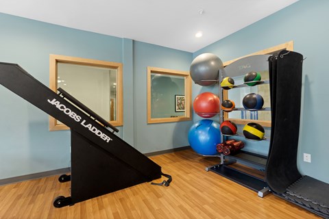 A JACOBS LADDER is on the floor of a room with a blue wall.