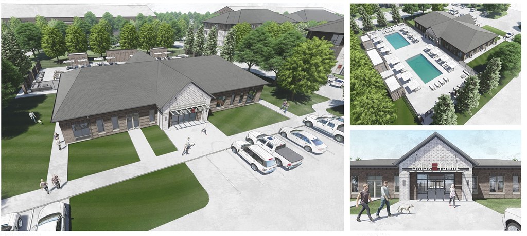 A collage of four images showing a building with a pool, a parking lot, and people walking.