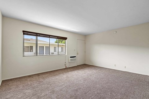 A room with a carpeted floor and a window overlooking a building.