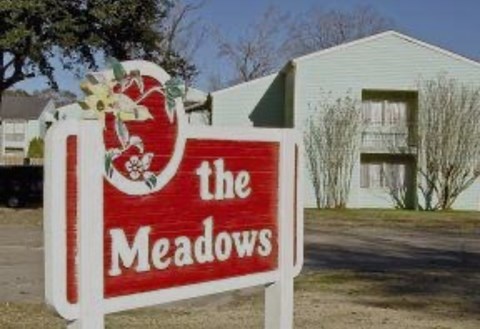 A sign for "The Meadows" is shown in front of a building.