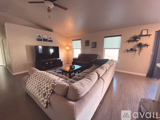 A living room with a sofa, a television, and a ceiling fan.