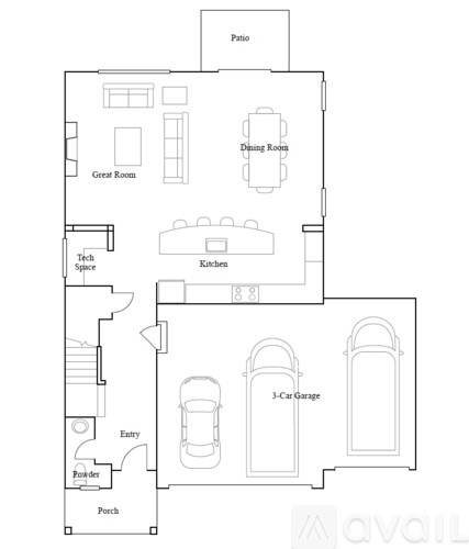 A floor plan of a house with a patio, great room, kitchen, dining room, tech space, 3-car garage, entry, powder, and porch.