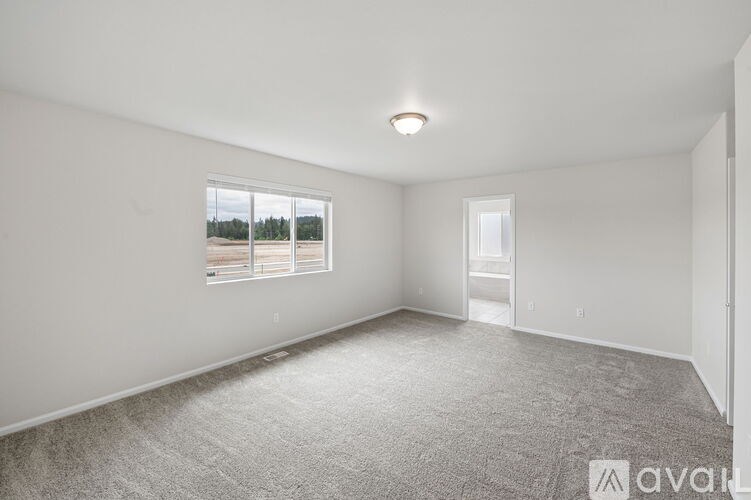 A room with a carpeted floor and a window showing a view of trees.