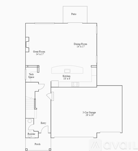 A floor plan of a house with a garage and a tech space.