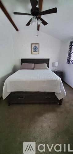 A bedroom with a bed, a ceiling fan, and a picture on the wall.