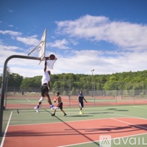 A basketball player is jumping to dunk the ball into the hoop.