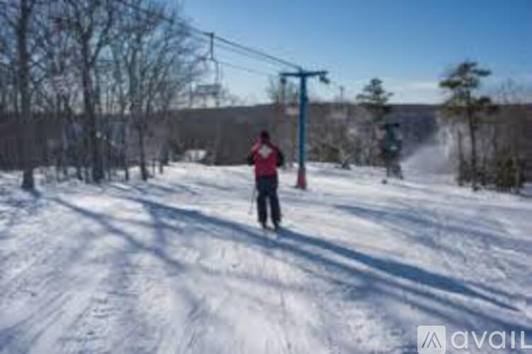 A person in a red jacket is skiing down a snowy slope.