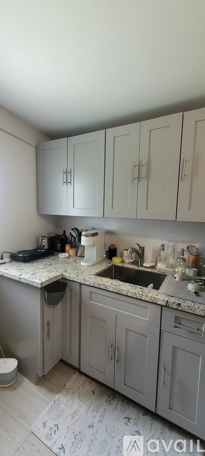 A kitchen with a sink, toilet, and cabinets.