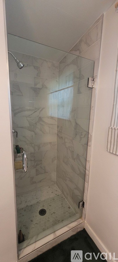 A shower with a glass door and a drain in the floor.