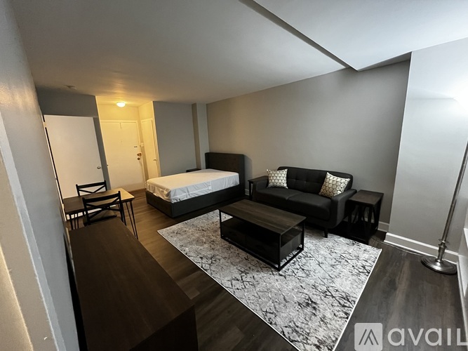 A black and white living room with a couch, coffee table, and two beds.