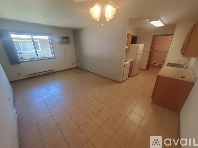 A kitchen area with a refrigerator, sink, and a window.