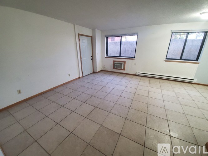 Empty room with tiled floor and two windows.