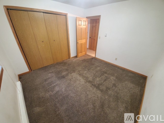 A room with a brown carpet and a wooden door.