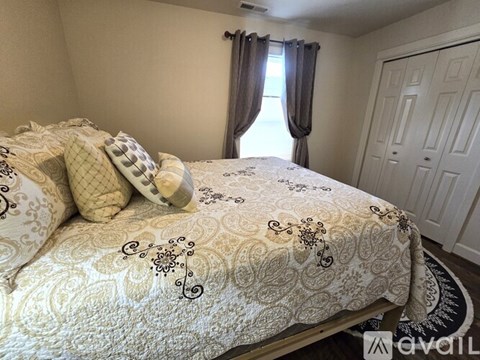 A bed with a white and gold comforter and two decorative pillows sits in a room with a window and a door.