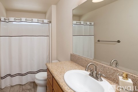 A bathroom with a sink, toilet, and shower curtain.