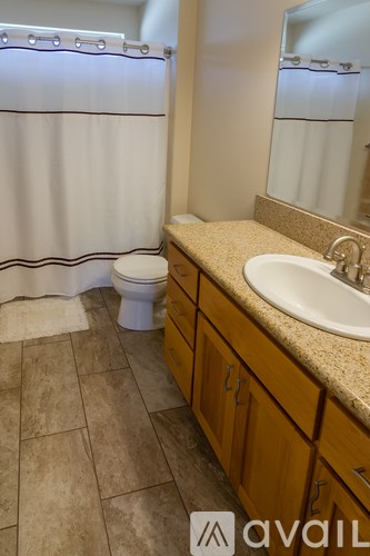 A bathroom with a toilet, sink, and mirror.