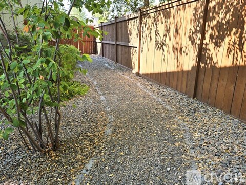 A gravel path leads to a wooden fence.