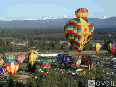 A hot air balloon with the letters WJW on it is in the foreground of a field full of balloons.