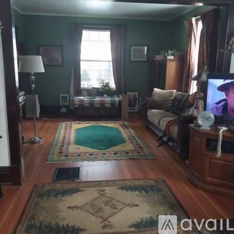 A living room with a green wall and a rug on the floor.