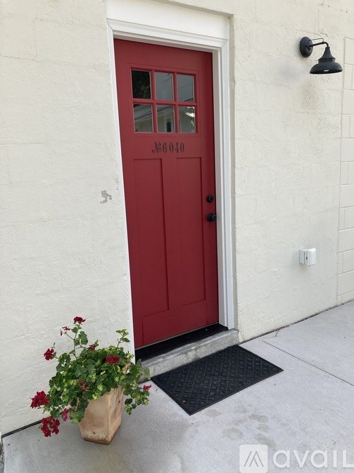 A red door with a mailbox on it and a flower pot on the step.